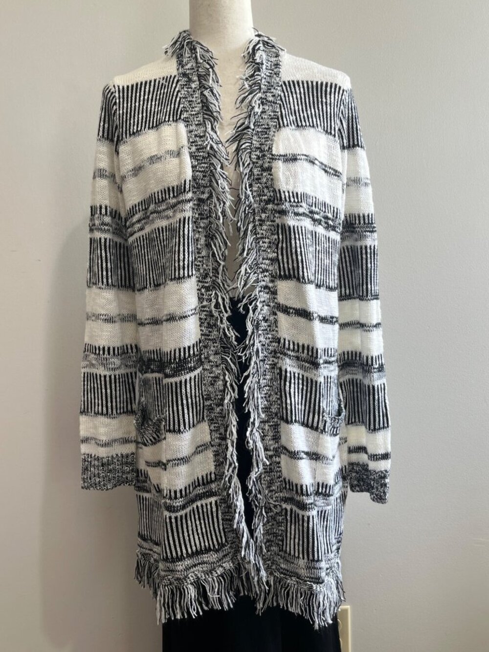 New Directions Long Cardigan Sweater Womens L Black/White Fringe Boho Western